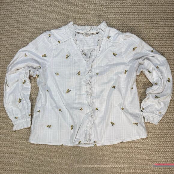 Fat Face Tops - Fat Face US 12 White Embroidered Floral Ruffle V-Neck Long Sleeve Blouse Top